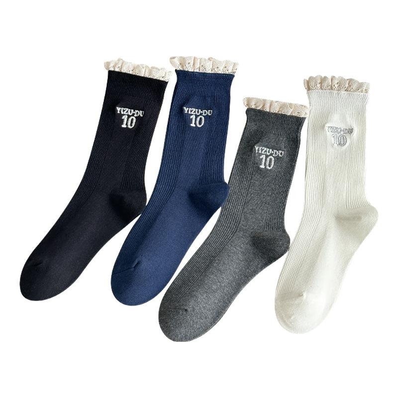 Female Spring and Autumn Tide Lace Letter Embroidery In The Cylinder Pile Socks