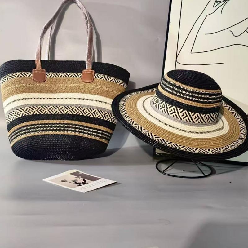 

2-Piece Straw Beach Hat & Tote Bag Set, Wide Brim Sun Hat with Stripes, Matching Handbag for Women, Summer Vacation Essentials 2pcs set