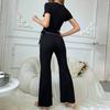 2Pcs Summer Women Pajama Set Slim Fit Solid Color Short Sleeves V Neck Top Elastic Waist Long Pants Trousers Casual Sleepwear Loungewear