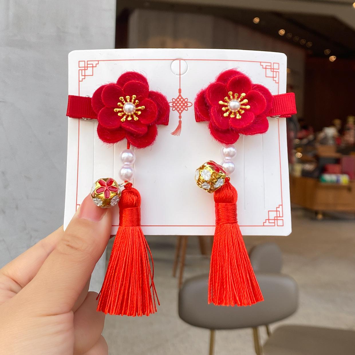 New Year Red Hair Accessories for Girls - Festive Tassel Clips, Chinese Hanfu Style