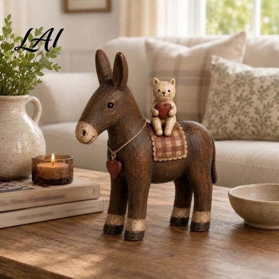 Collectible Animal Figurines Rustic Donkey Resin Figurine Farmhouse Style with Cat Tabletop Retro Interior Decorations Decoration Vintage