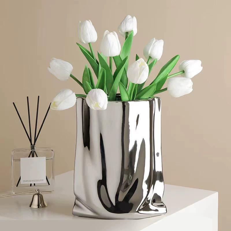 WTEMPO Ceramic Silvery Flower Vase Crinkle Paper Shaped Decorative Large Vase Ornaments for Living Room Home Decorations