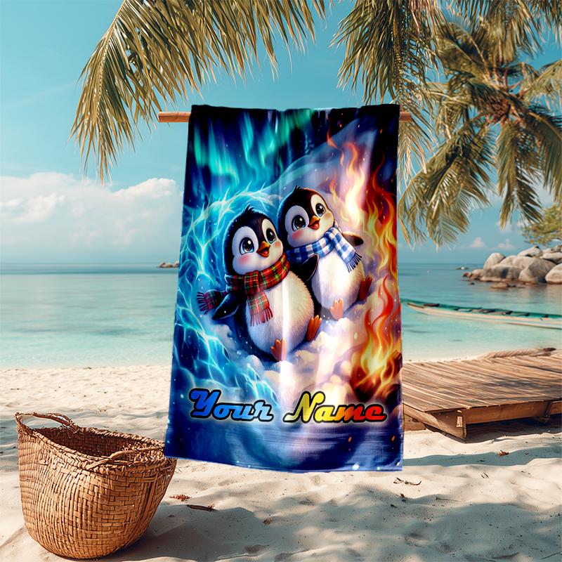 1PC Custom Name Penguins Fire Ice Beach Towel Highly Absorbent And Sand-Resistant Towel for Swimming, Pool, Yoga, And Travel Lightweight