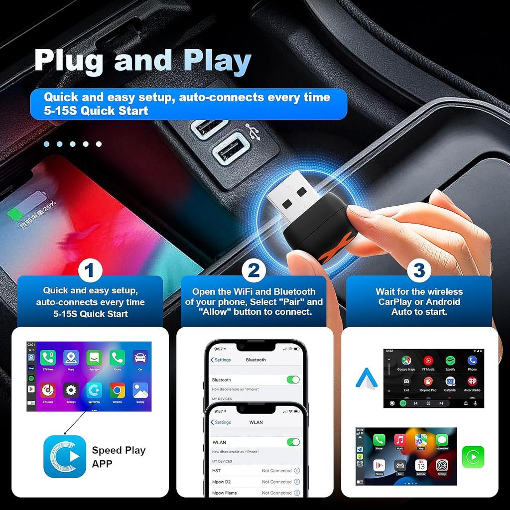 2-in-1 Mini Android Auto & Wireless CarPlay Adapter, Compact USB Dongle for iOS 12+/Android, No Delay