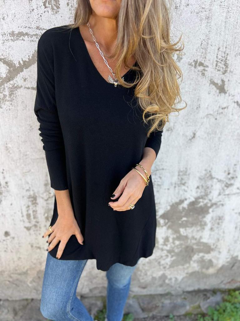 European & American 2026 Spring/Autumn Solid V-neck Knit Loose Women's Top