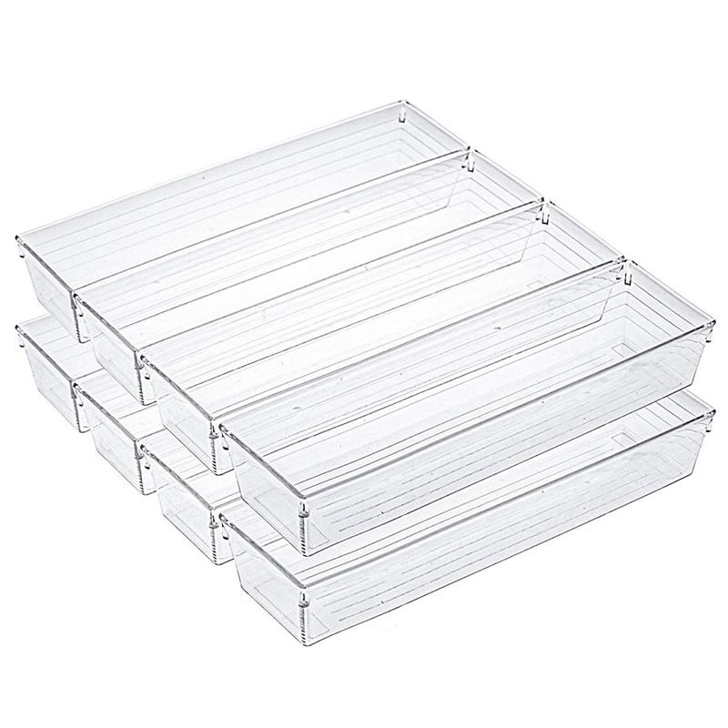 10 Pack 12 X 3 X 2 Inch Clear Drawer Organizer Trays Desk Drawer Divider Storage Bins Storage Box Set For Kitchen