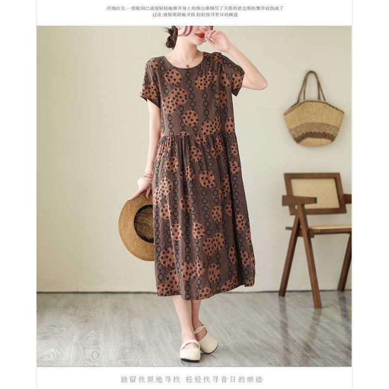 2025 Summer New Retro Literary Loose Round Neck Short Sleeve Midi Dresses