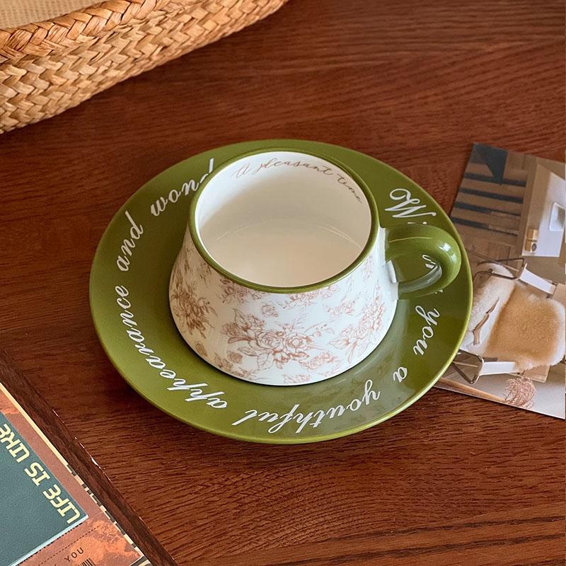 

Vintage French Coffee Cup Dish Sets 260ml Household Ceramic Print Afternoon Exquisite Handle Mugs New Aesthetic Dessert Dish 200-400ml зелений