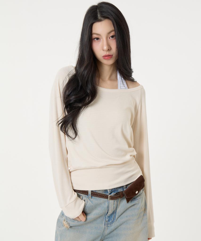 UNKNOWN PLANET [Set] Layered Striped Halter Top Long Sleeve T-Shirt Beige