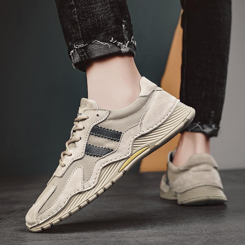 Fashion Men Sneakers Genuine Leather Mesh Breathable Hiking Shoes Summer Thick Bottom Non-slip Hiking Shoe for Men High Quality Men Shoe