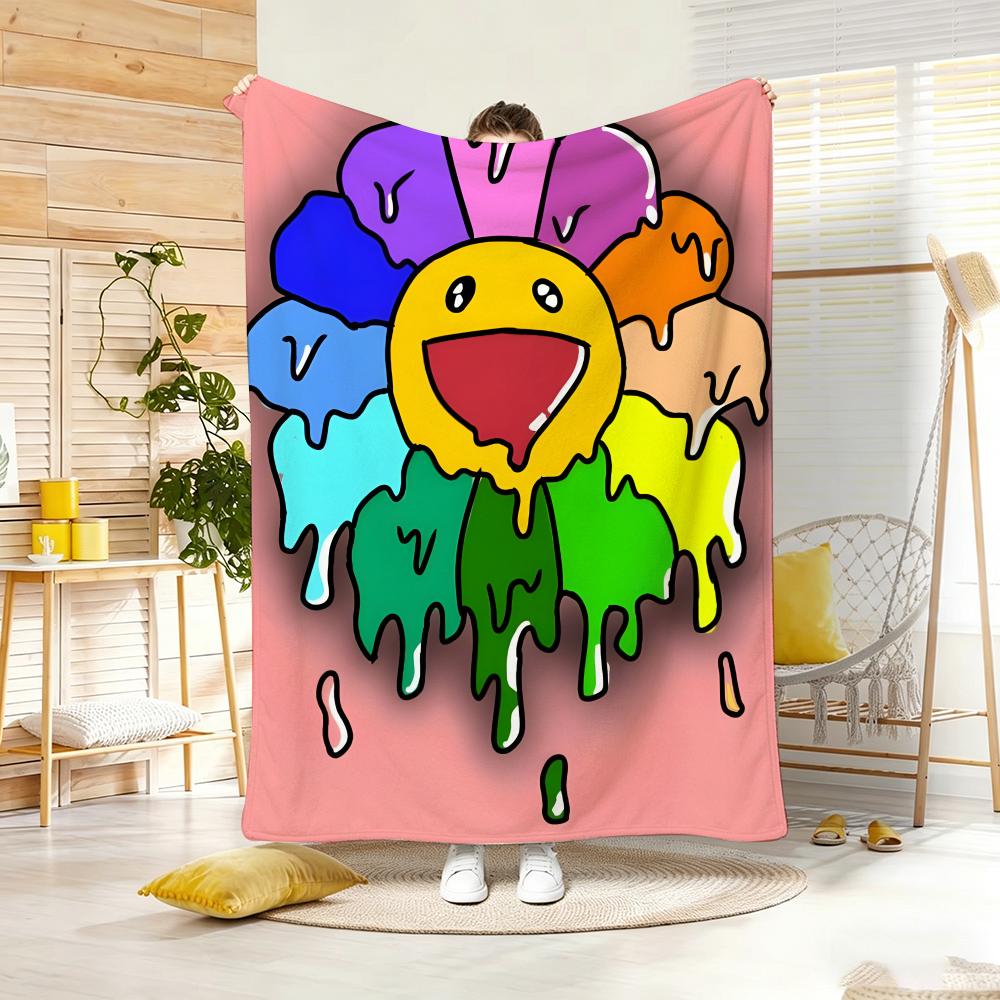 Couverture Lancer Motif Artistique T-Takashi Murakami Fleur Légère 240g Flanelle Douce Agréable pour la Peau Refroidissement d'Été