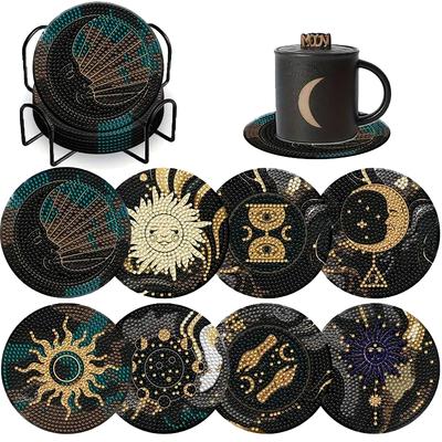 8 Pieces/set of Diamond Painted Sun and Moon Patterned Coasters with Brackets DIY Coasters for Beginners and Adults, Art and Craft Supplies Gifts