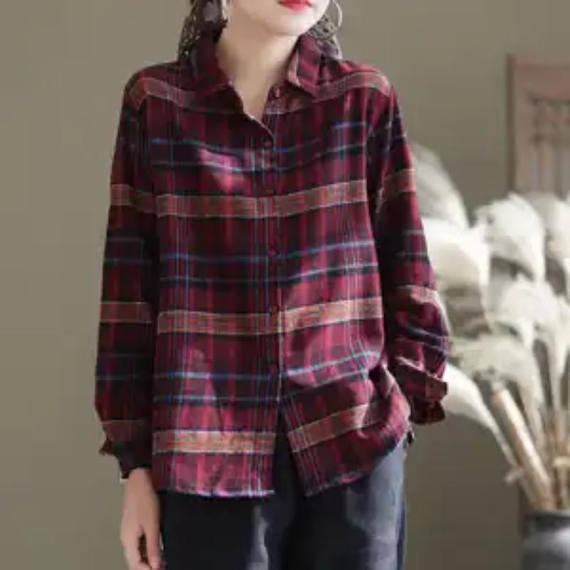 Women's New Spring and Autumn Large Size Versatile Cotton Plaid Long-sleeved Shirt