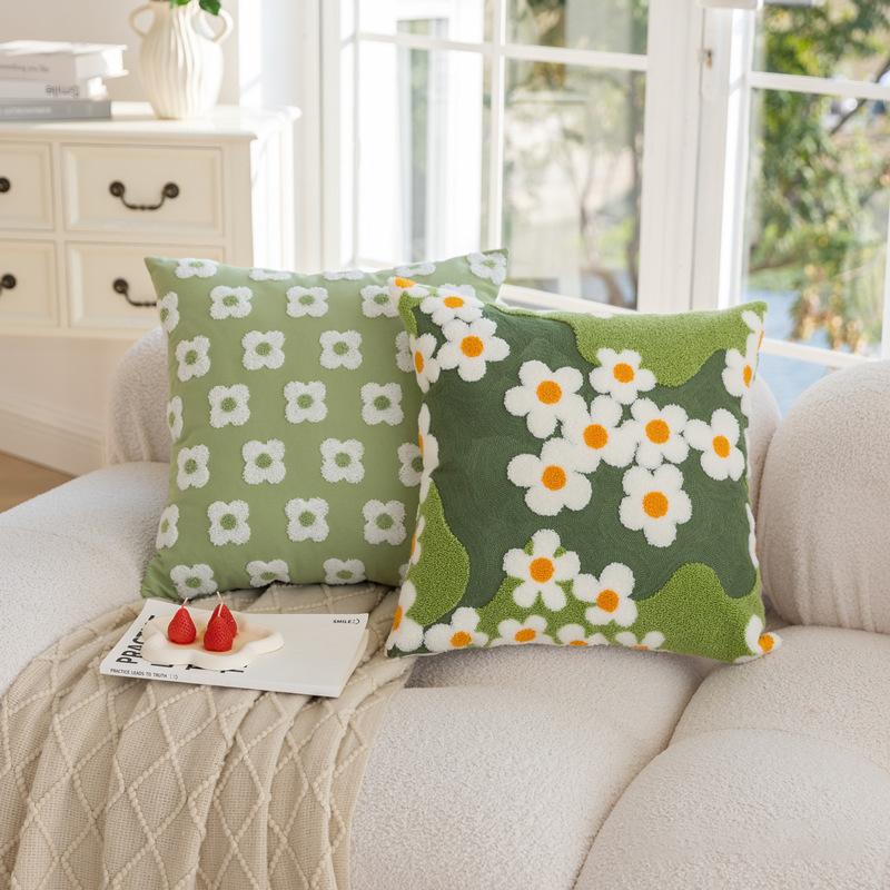Spring Embroidered Flower Green Throw Pillowcase Cojines Pastoral Decoration Sofa Square Cushion Cover Headboard Pillow Covers
