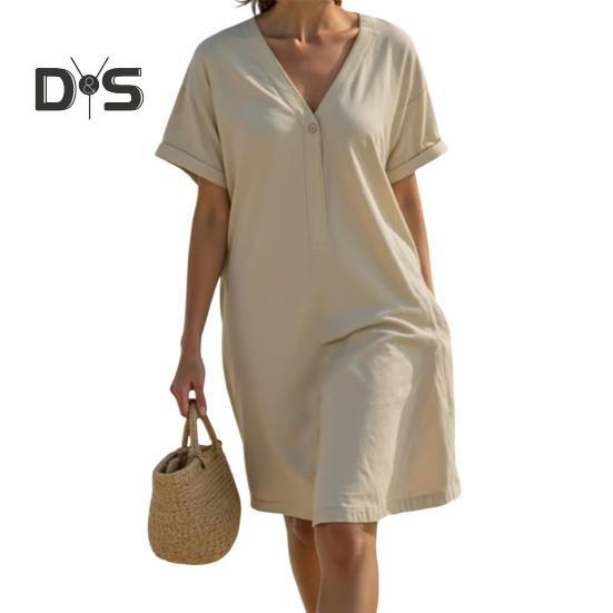 

Женское повседневное платье-футболка с V-образным вырезом и коротким рукавом, свободное платье, летний пляжный сарафан для путешествий и отпуска S хаки