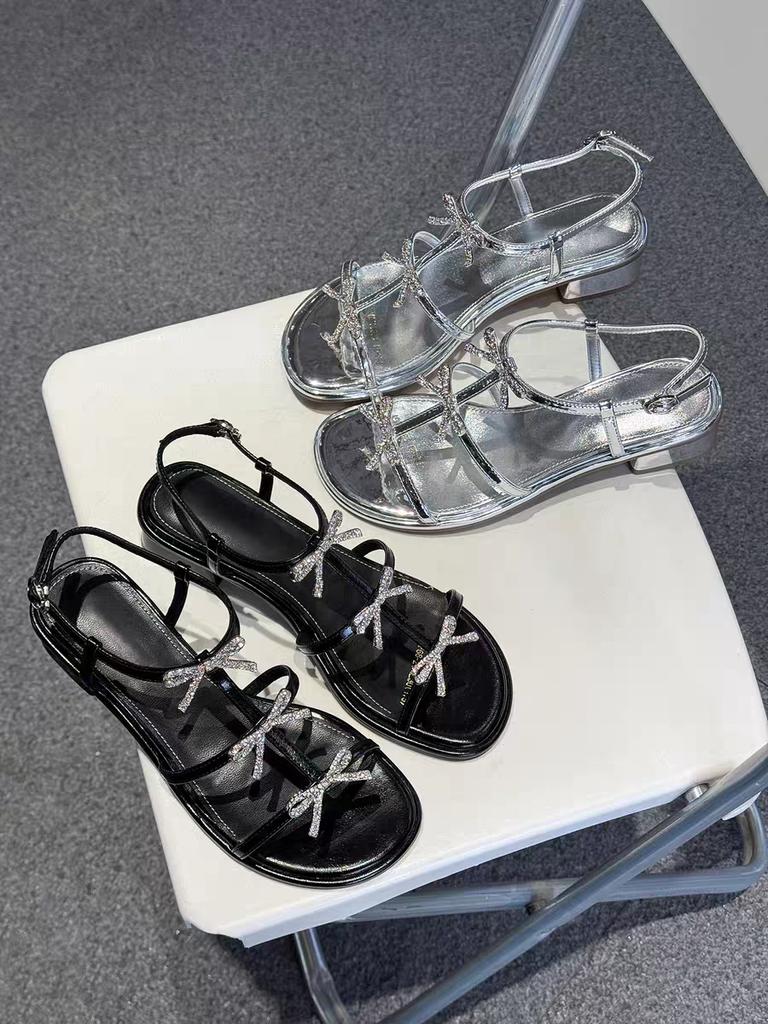 Schmetterlingsschleife Kristall Französische Sandalen mit dicken Sohlen und offenen Zehen für Damen, neuer Stil, elegante Damenschuhe