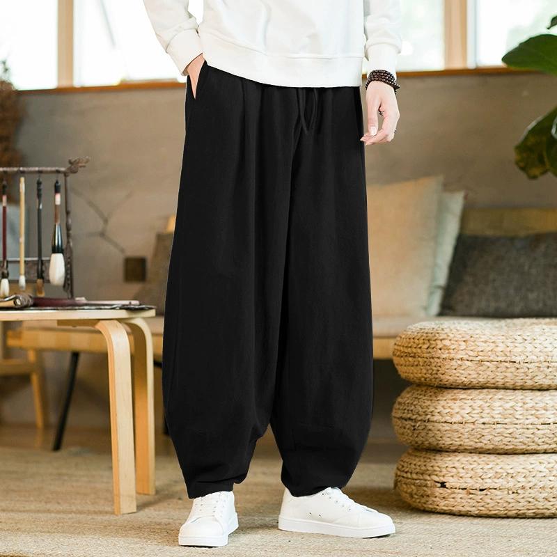 Spring and Autumn Men's Retro Trend Harem Pants Chinese Style Linen Ruyi Pants Cotton and Linen Straight Lantern Pants