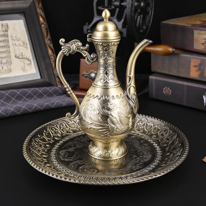 Hochwertiges Wein-Set Geschenkbox Klassisch Zuhause Antik Russische Nachahmung Bronze Baijiu Weinkrug Weinausgießer Kleines Weinglas