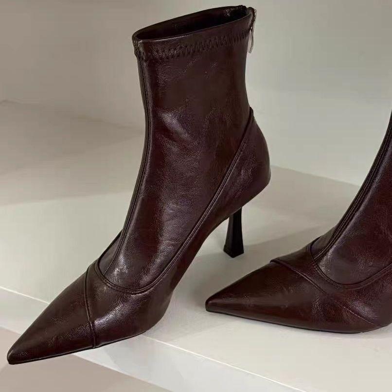 British Temperament French Slim Pointed Women'S Boots Short High Heels Fashion Boots Rear Zipper Thin Short Boots