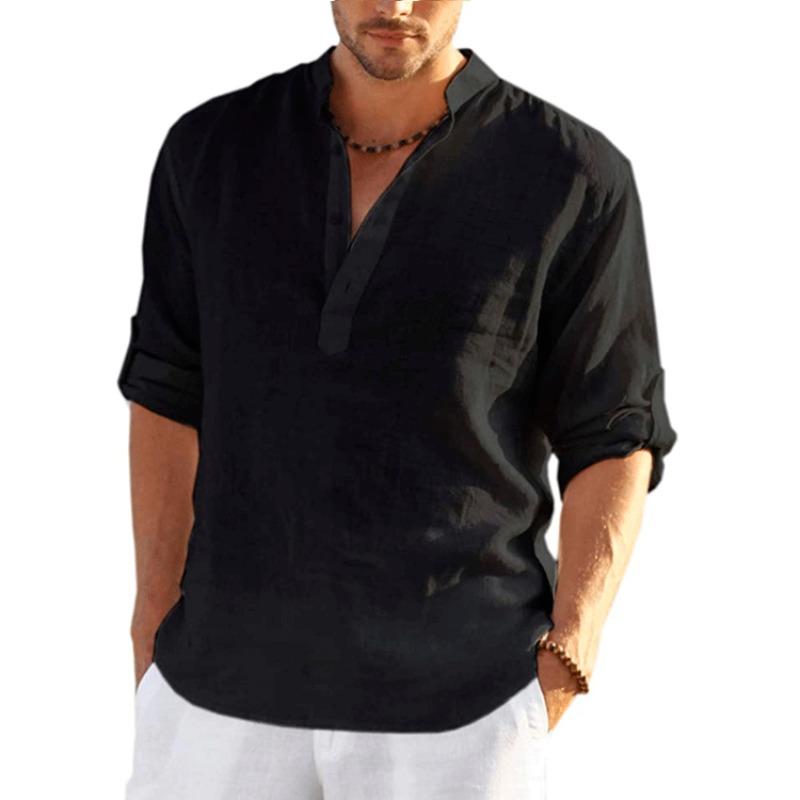 Men s Loose Sweatshirt Solid Color Long Sleeved Cotton Linen Shirt Linen Long Sleeved T-shirt  Shirts (men’s) S чёрный