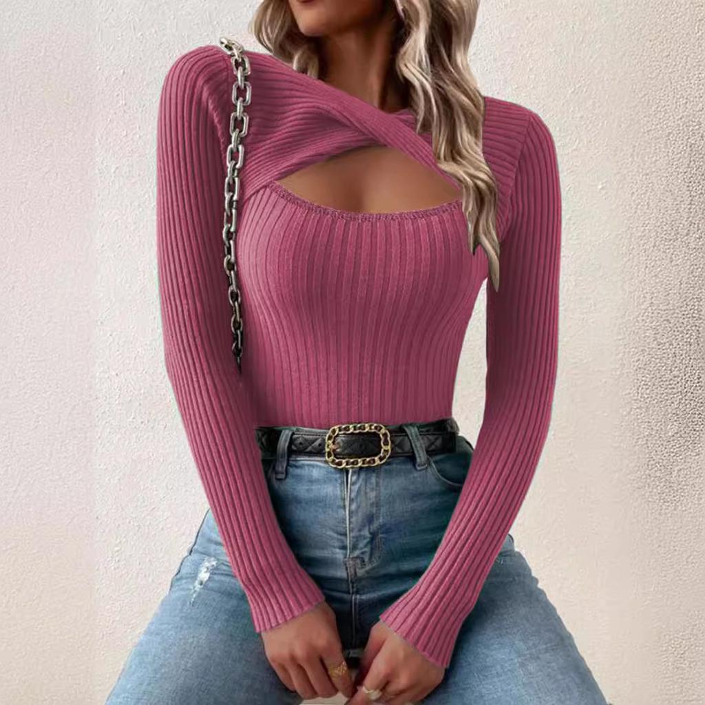 Women Elegant All-Season Ribbed Knit Sweater – Comfortable Crew Neck with Chic Cut-Out Detail, High-Stretch Polyester