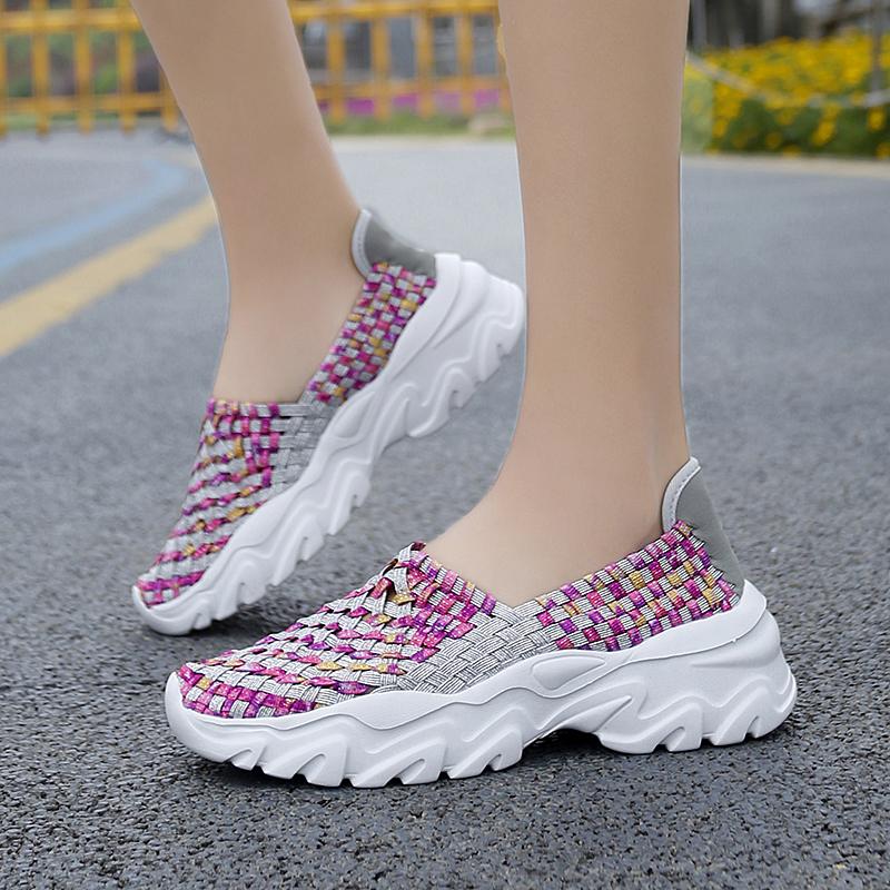 Summer Moccasin Pink Beach Walking Shoes Women Multicolor Casual Weave Slip on Braided Elevator Sneakers Plus Size