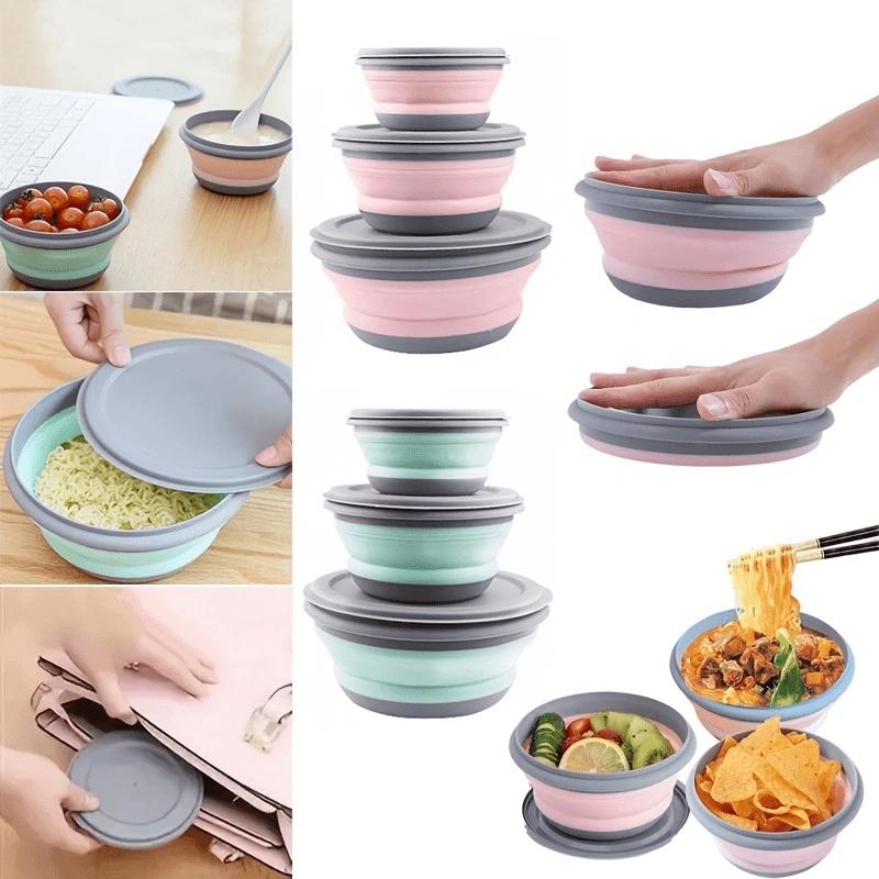 3 Stück Camping-Schüssel faltbar zusammenklappbar Schüssel Lunchbox Salatschüssel Deckel erweiterbar Lebensmittelaufbewahrungsbehälter Bento-Box