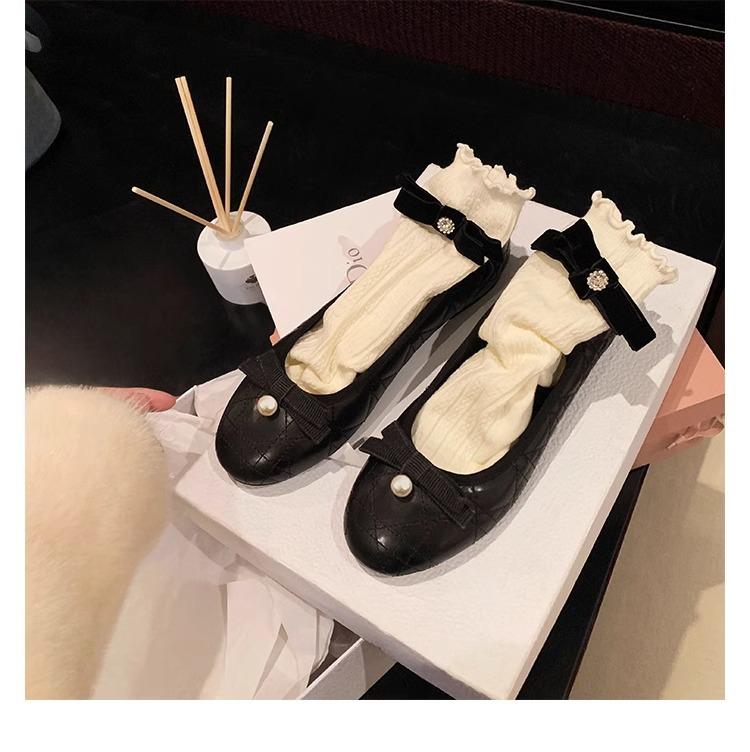 Grape Mother Exquisite Bow Ballet Style Shoes Comfortable Round Head Pearl Shallow Mouth Ballet Single Shoes Flat Bottom High Sense