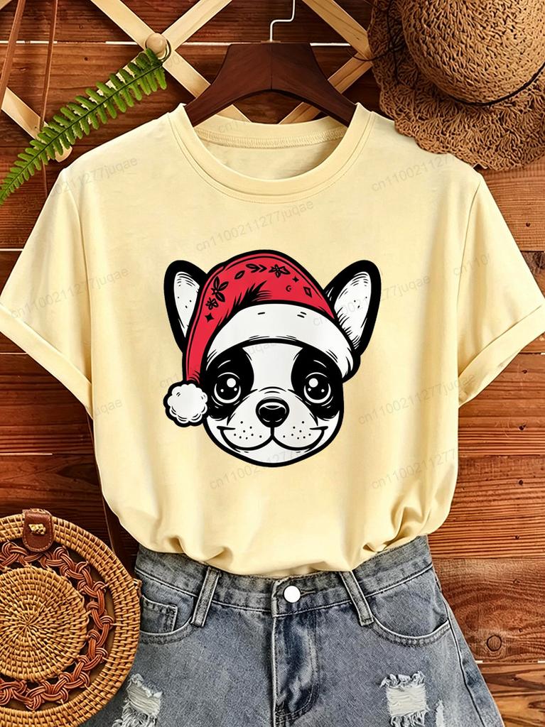 Frenchie Christmas Print Women's T-Shirts Retro Dog Santa Hat Design T-Shirts Tee Tops short sleeve Tshirts Tops Christmas Gifts
