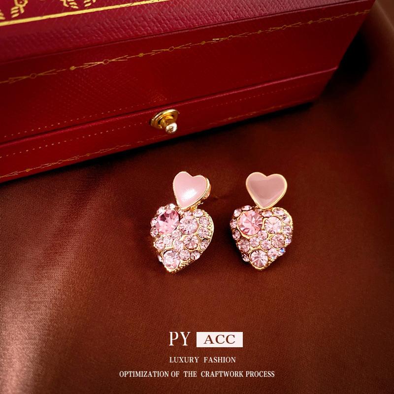 Real Gold Electroplated Silver Needle with Diamonds, Dripping Oil Love Earrings, Korean Light Luxury Temperament Earrings, Exquisite Niche Earrings.