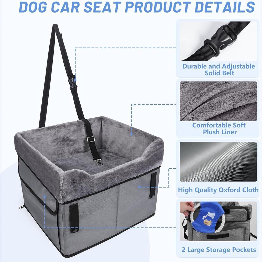 Portable Dog Car Seat for Medium Dogs or 2 Small Dogs Pet Booster Seat with 2 Clip- Safety Leashes and Adjustable Straps