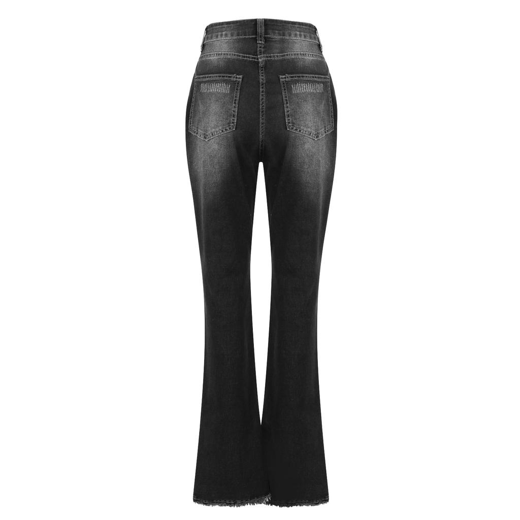 Women's New Fashion Hole High Waist Retro Elastic Slim Micro Flared Pants