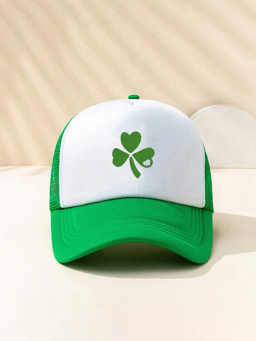 Adjustable Mesh Baseball Cap With Four Leaf Clover And Dilly Dilly Text Green White Casual Sun Hat