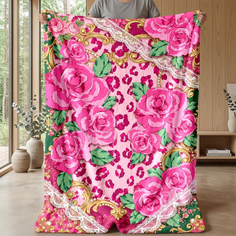 Floral and Bow Composition Theme Blanket Lightweight Warm Flannel Blanket Decorative Throw Blanket for Home Decoration
