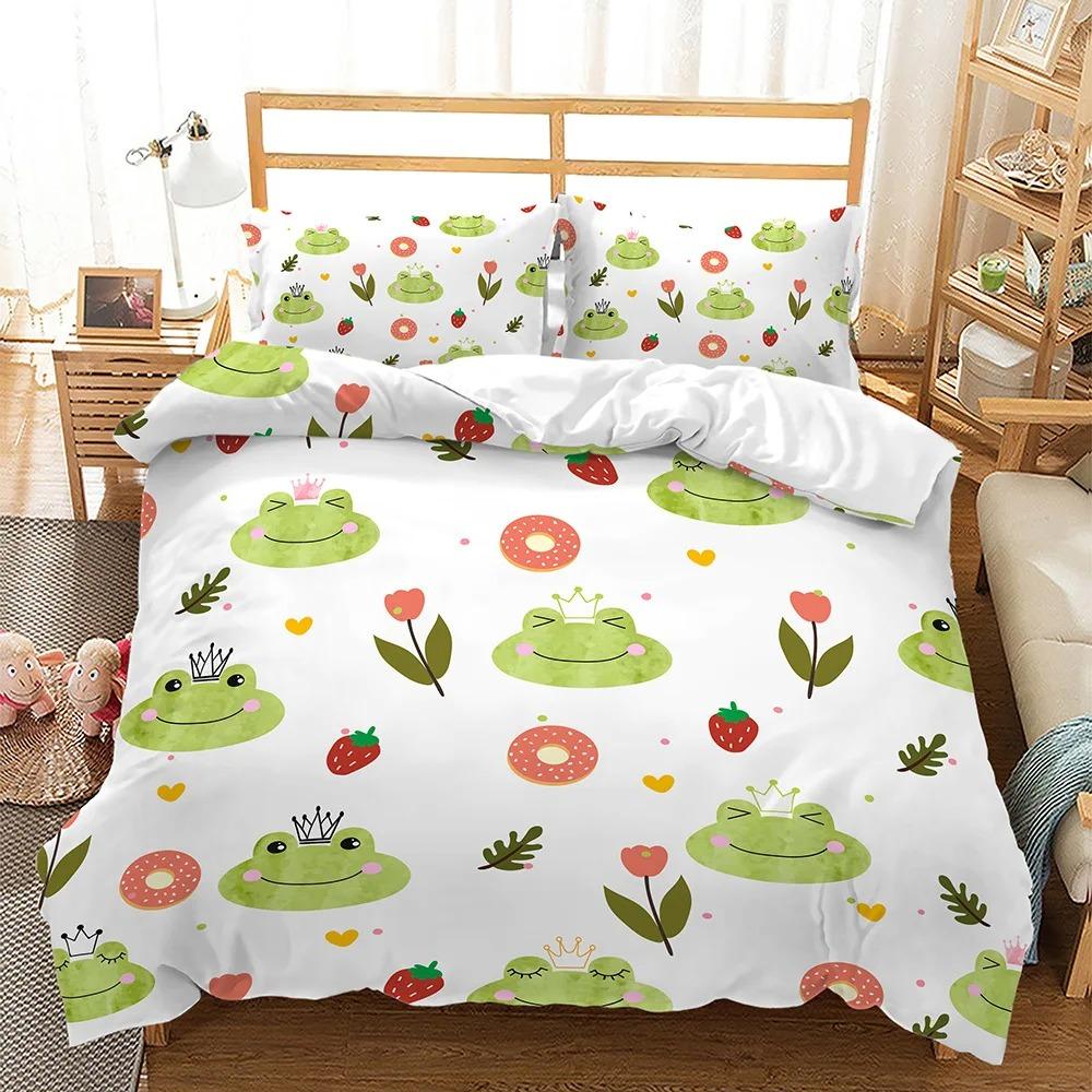 Kawaii Cartoon Frog Bedding Set Kids Bed Linen with Pillowcases Queen Full Single Twin Size 3D Printed Animals Duvet Cover Set