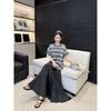 DIMANAF 2026 Summer New Plus Size Women Long Dress Striped Cotton V-Neck Short Sleeve Lady Shirts Dress