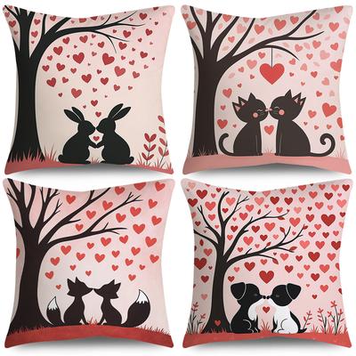 4pcs Valentine'S Day Throw Pillow Covers | Love Under Tree Animals Designs, Zip Closure, Polyester, Hand Wash Only, Suitable for Bedroom