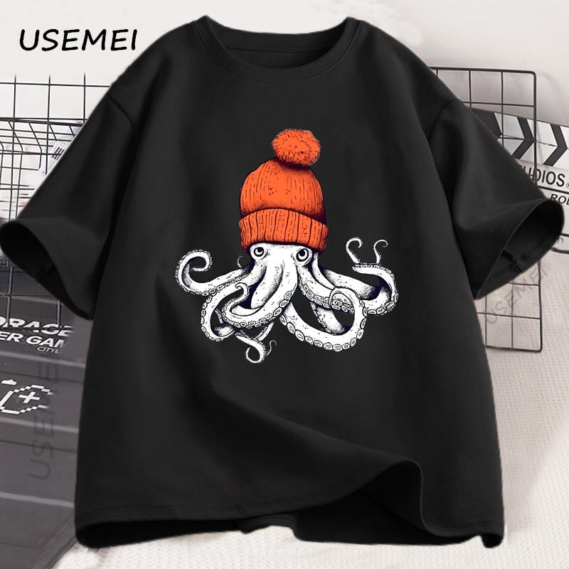 Octopus Orange Beanie Cotton T-shirt Japanese Style Graphic Tees Casual Cotton Short Sleeve Round Neck Tshirts Unisex Clothes