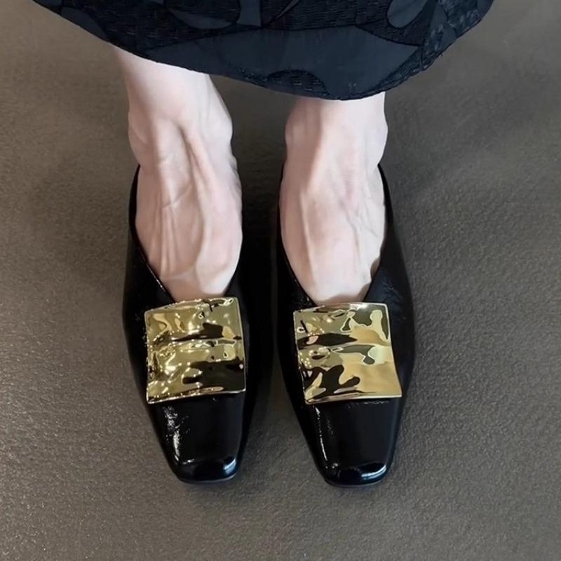 Sheepskin version~ Metal square buckle high-end leather square head half slippers women's retro one-pedal flat-bottomed bag head sandals