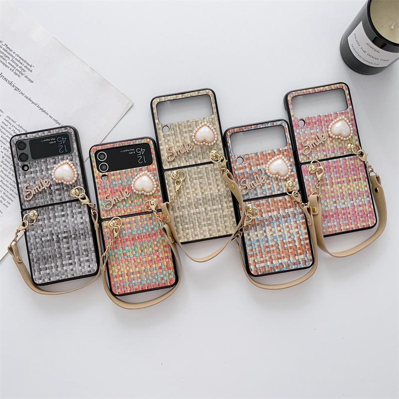Luksus vintage vevd mønsterveske for Samsung Galaxy Z Flip 5 4 Z Flip 3 Square Pearl PU Brace Lanyard Cover for Samsung Galaxy Z Fold 5 3 Z fold 4
