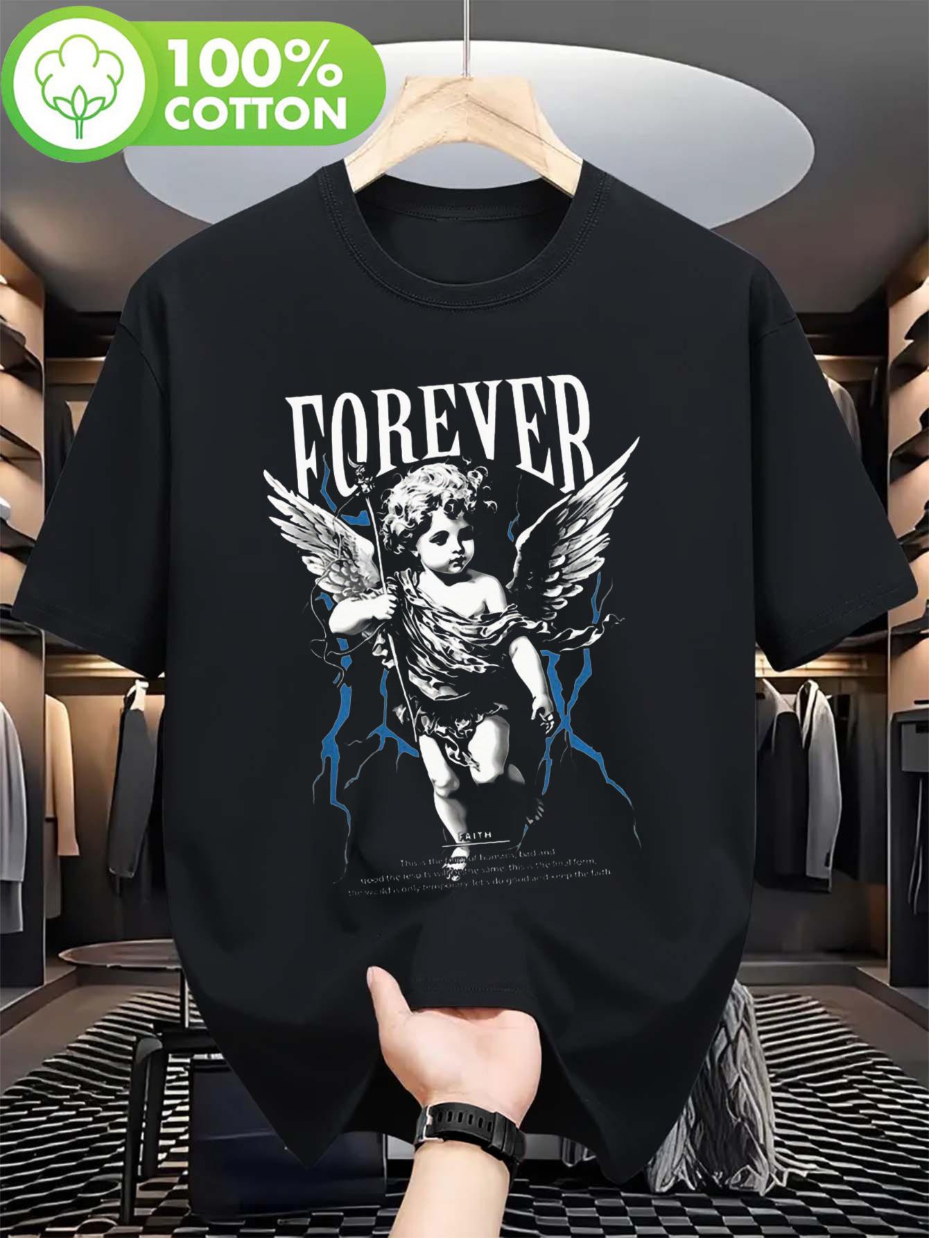 

Black Graphic T-shirt with White FOREVER Print & Winged Cupid Design - 100% Cotton Streetwear Tee for Casual XL