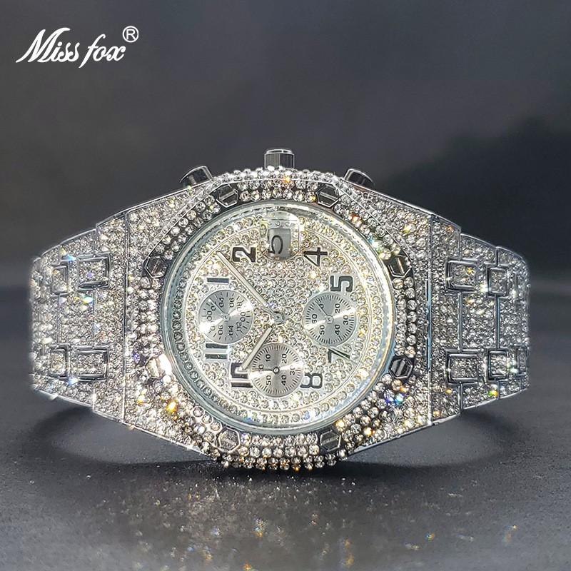 MISSFOX Mens Quartz Watch Hip Hop Bling 3-Eye Chronograph Sport Wristwatch