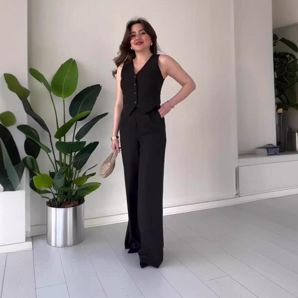 2024 Lato Moda Damska Jednolity Top i Spodnie z Szerokimi Nogawkami z Wysokim Stanem