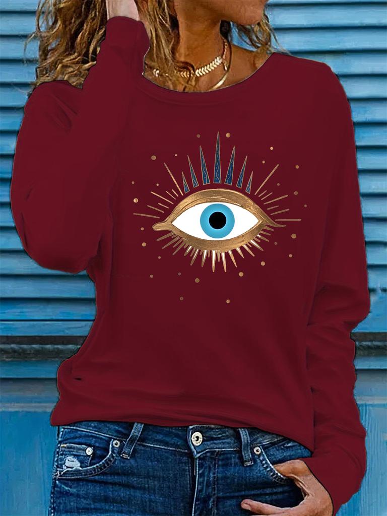 100% reines Polyester Damen Frühling und Herbst lockeres bequemes Augenmuster bedrucktes Langarm Rundhals T-Shirt