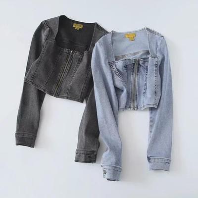 Frühherbst – Slim Fit Jeansjacke mit quadratischem Ausschnitt für Damen