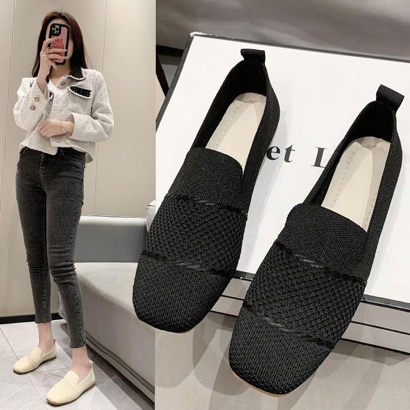 Spring and summer single shoes foreign trade fly-woven soft soles one pedal square head casual knitted shoes Doudou shoes women's shoes low-top flat