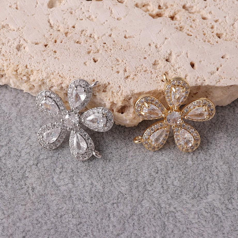 Five-Petal Flower Diamond-Studded Necklace and Earring Pendant in Gold and Silver