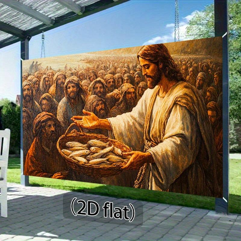 One 2D flat background panel featuring a Bible theme with Jesus a bread basket and fish.zyc