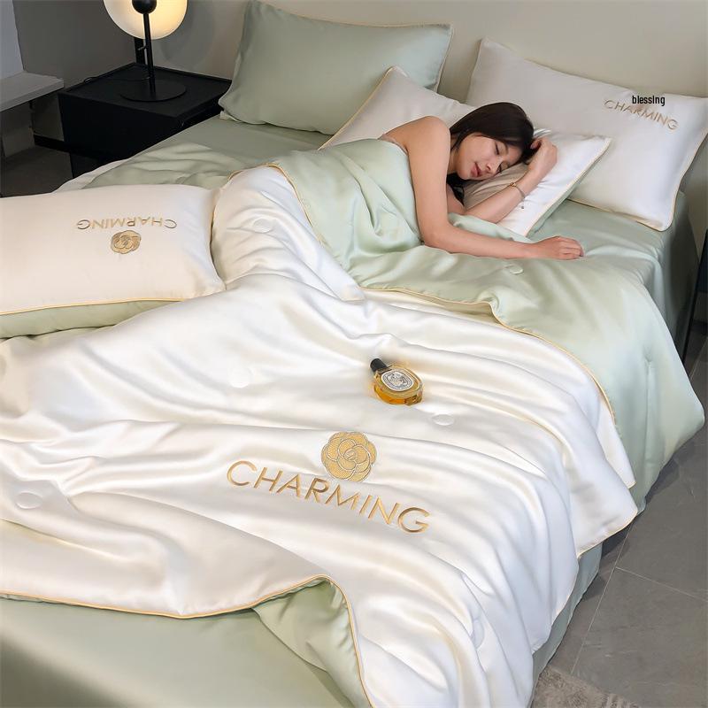 Class A Ice Silk Cooling Summer Quilt 4-Piece Set: Lightweight Embroidered Air Conditioning Quilt