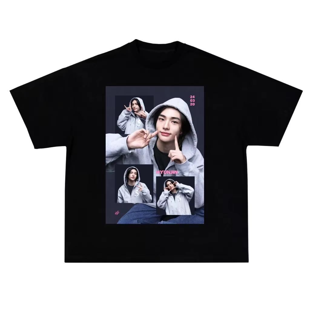 

Hyunjin Homeless Children Kpop Fan T-shirt American Hip Hop Summer New Women Retro Fashion fans Short-sleeved Top S